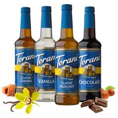 Torani Sugar Free Caramel bottle elevates desserts with keto-friendly sweetness.
