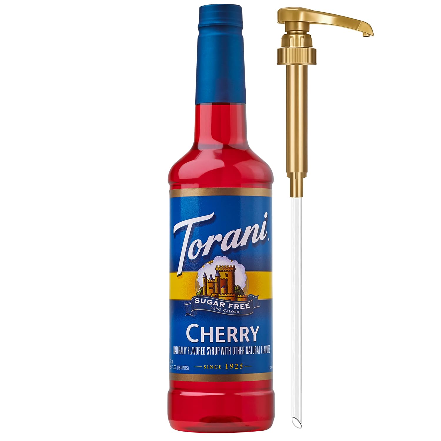 Torani Sugar Free Cherry Syrup bottle with pump for zero-calorie flavoring.