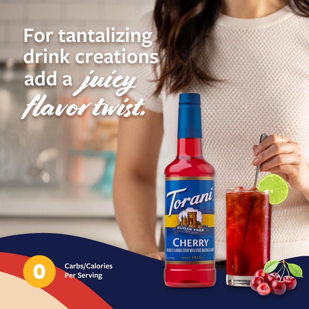 Pouring Torani Sugar Free Cherry Syrup into a drink for quick flavor boost.