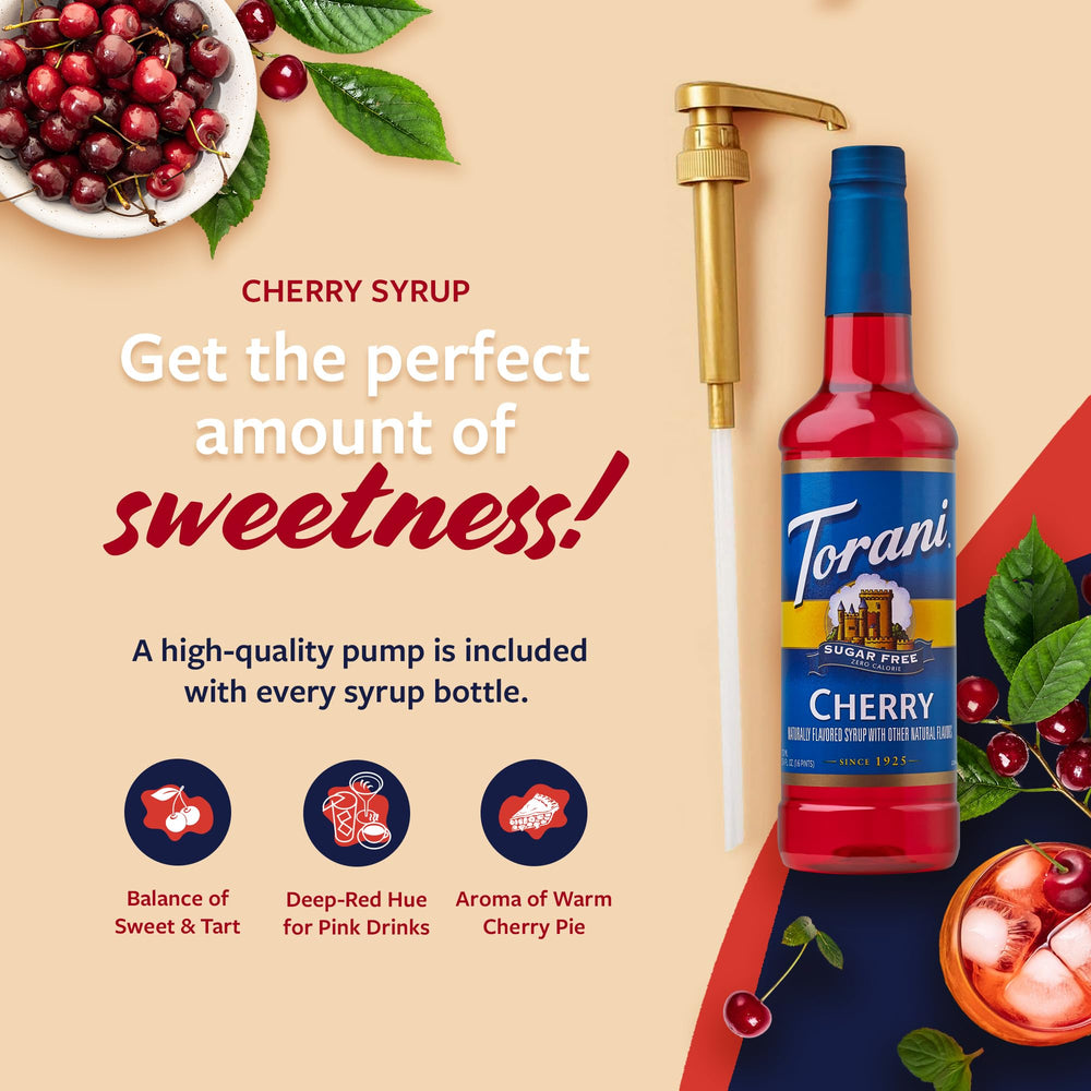 Glass bottle with pump from Torani Sugar Free Cherry Syrup for mess-free sweetness.