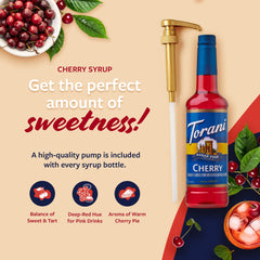 Glass bottle with pump from Torani Sugar Free Cherry Syrup for mess-free sweetness.