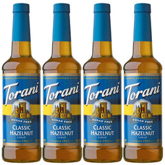 Torani Sugar Free Classic Hazelnut bottle pours flavor into beverages