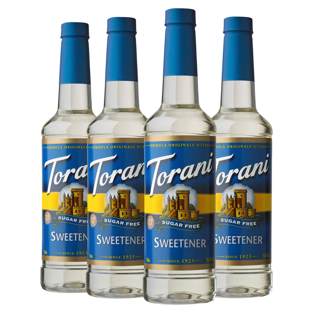 Torani Sugar Free Syrup four-pack bottles on display for versatile flavoring