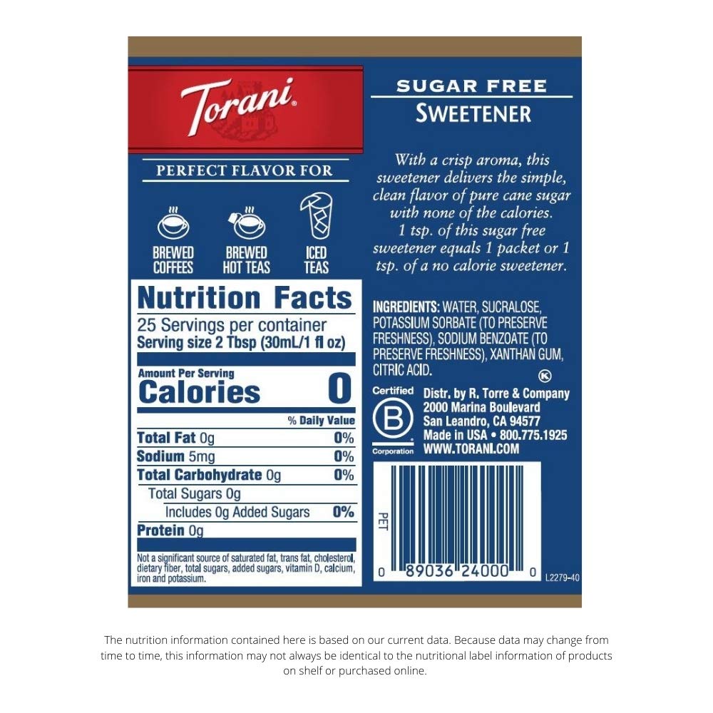 Close-up of Torani Sugar Free Syrup label highlighting zero-calorie sweetness