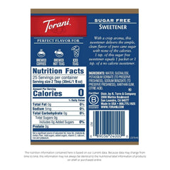 Close-up of Torani Sugar Free Syrup label highlighting zero-calorie sweetness
