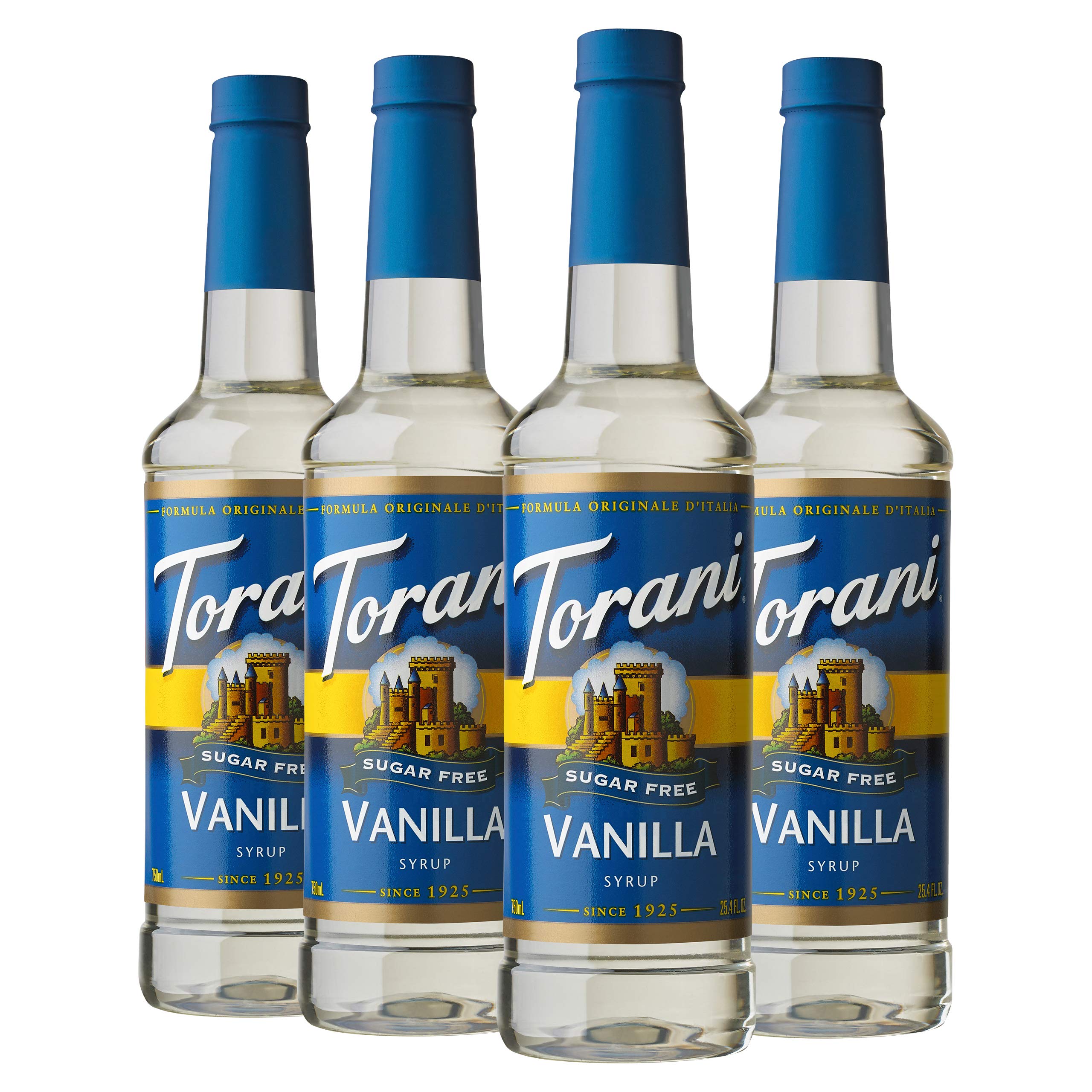 Torani Sugar Free Vanilla bottle on kitchen counter, perfect for zero-calorie vanilla lattes.