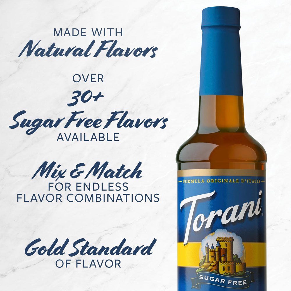 Syrup bottle on kitchen shelf with other Torani flavors for easy access.