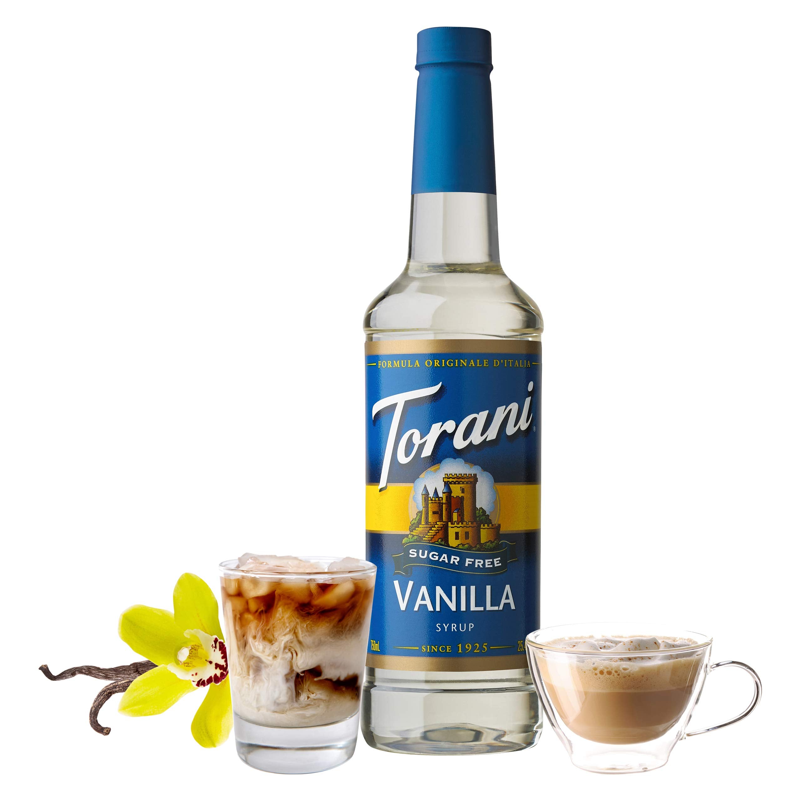 Torani Sugar Free Vanilla bottle being poured into coffee for flavor customization.