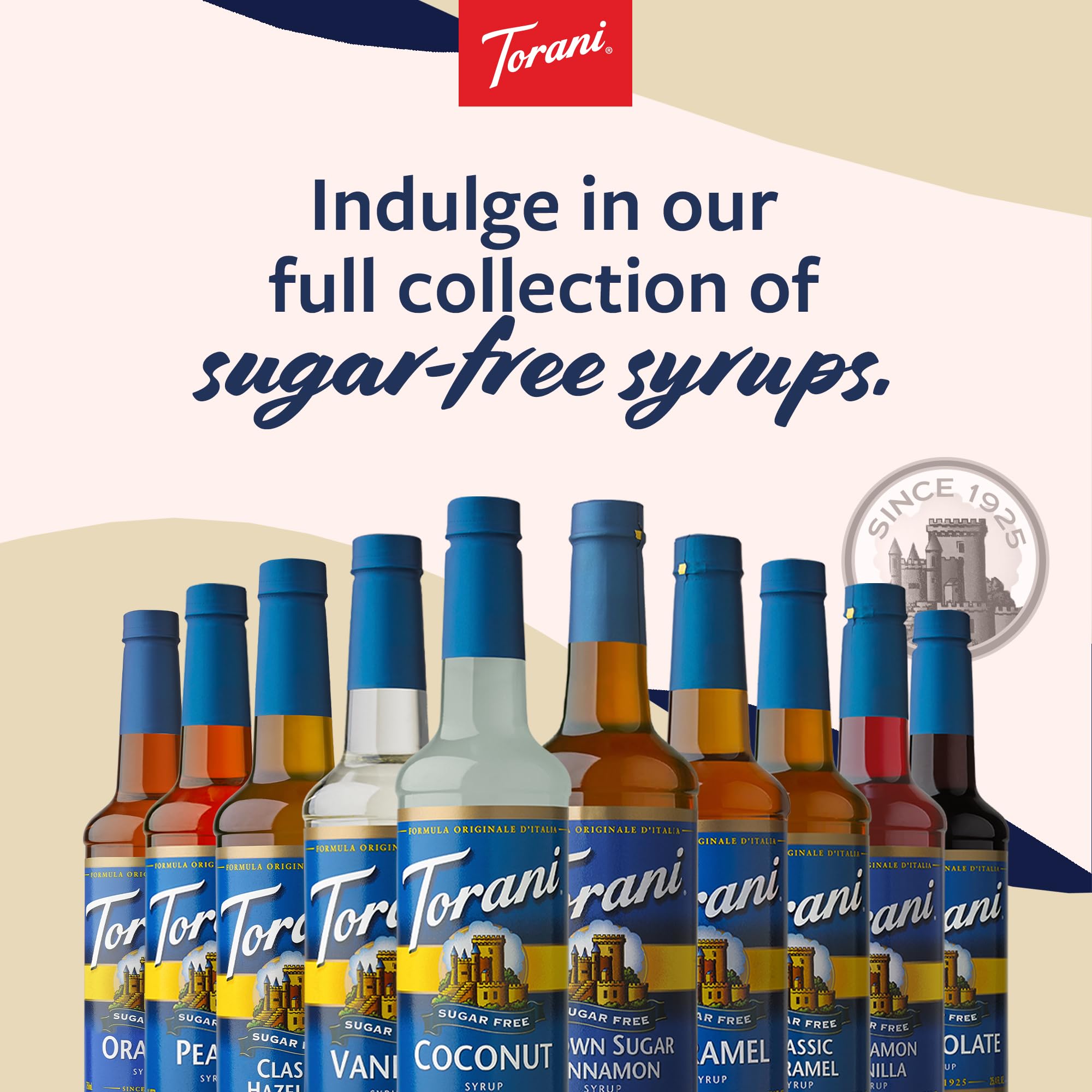 Torani Sugar Free Vanilla Syrup label and 750 ml size indication