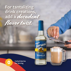 Torani Sugar Free Vanilla Syrup pour on a drink for vanilla boost