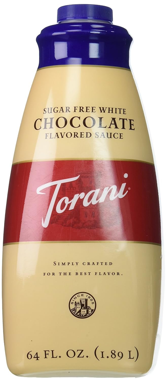 Torani Sugar Free White Chocolate Sauce bottle highlighting zero calories and rich flavor.
