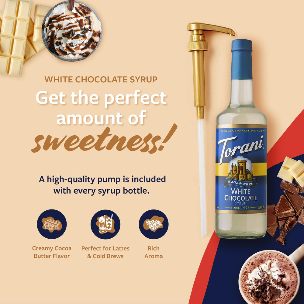 Torani Sugar Free White Chocolate Syrup pour into coffee for creamy flavor.