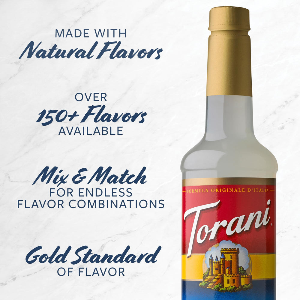 Torani syrup pour into coffee glass illustrating quick home flavor customization.