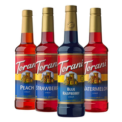 Torani Blue Raspberry syrup bottle for homemade Italian sodas.