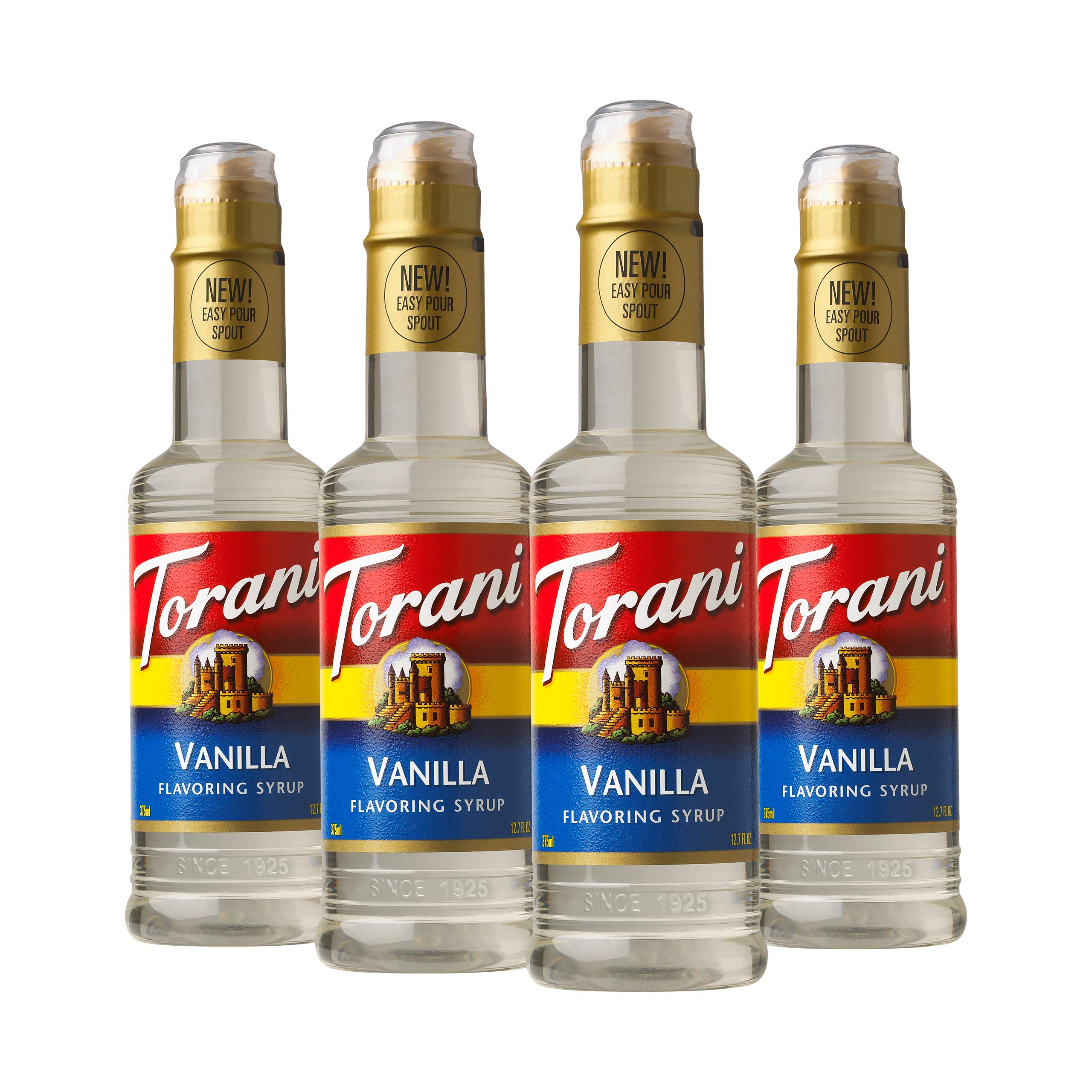 Torani Vanilla Syrup bottle closeup for coffee flavoring.