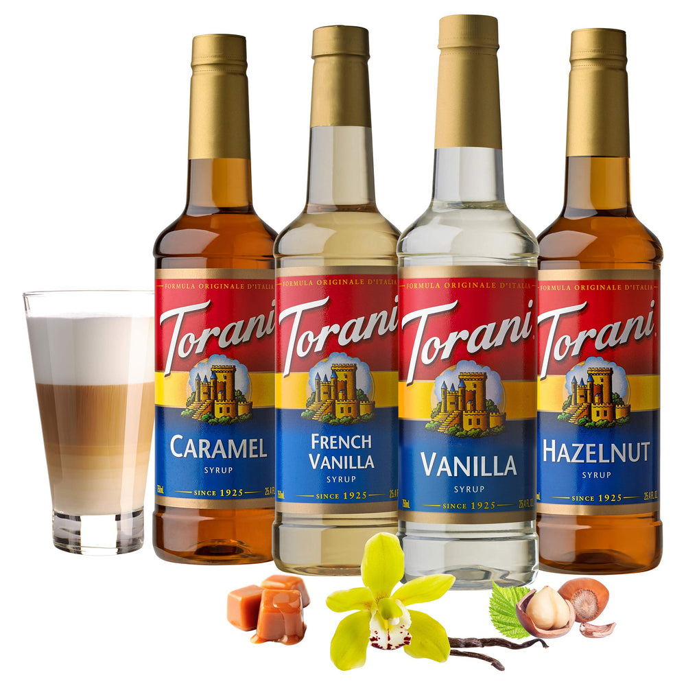 Torani vanilla syrup bottle front for everyday coffees and desserts.
