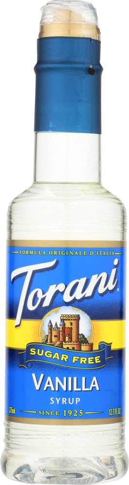 Torani Vanilla Syrup bottle front view showing rich vanilla flavor for coffee.