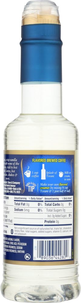 Kosher-certified Torani Vanilla Syrup bottle with seal visible.