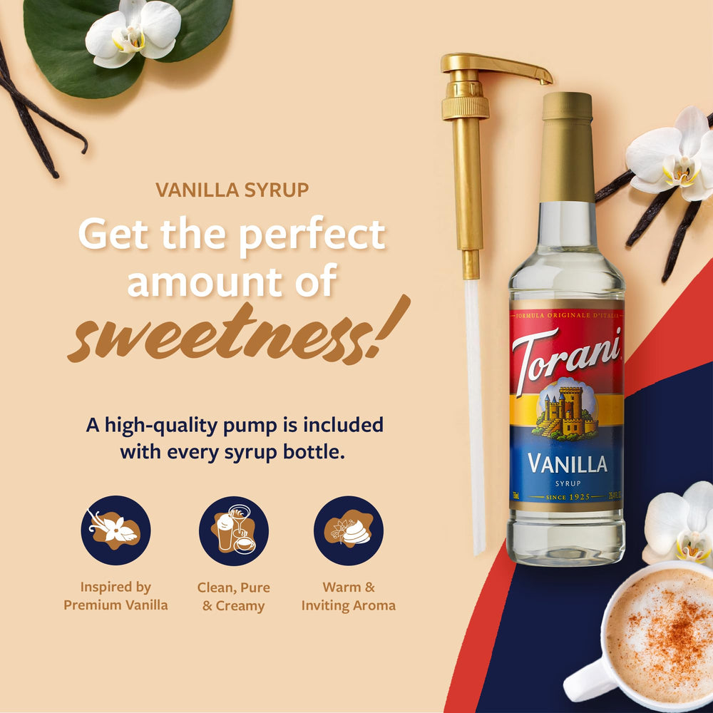 Torani vanilla syrup label on BPA-free bottle for home use.