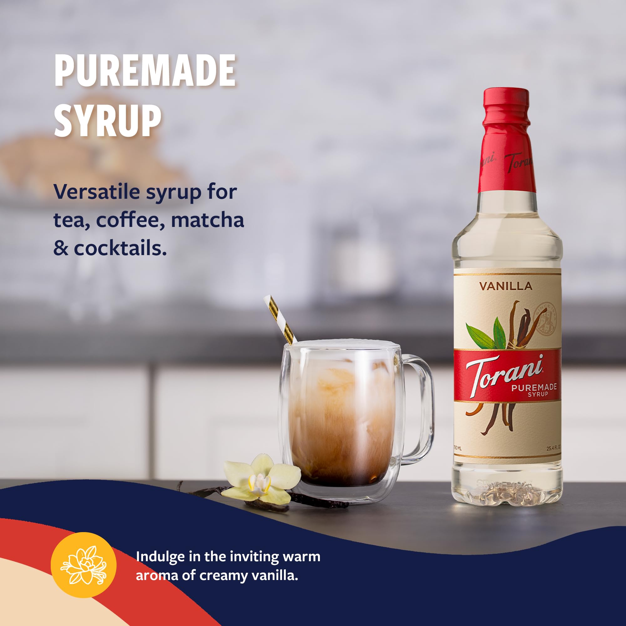Torani Vanilla Syrup label close-up, natural ingredients and flavor promise