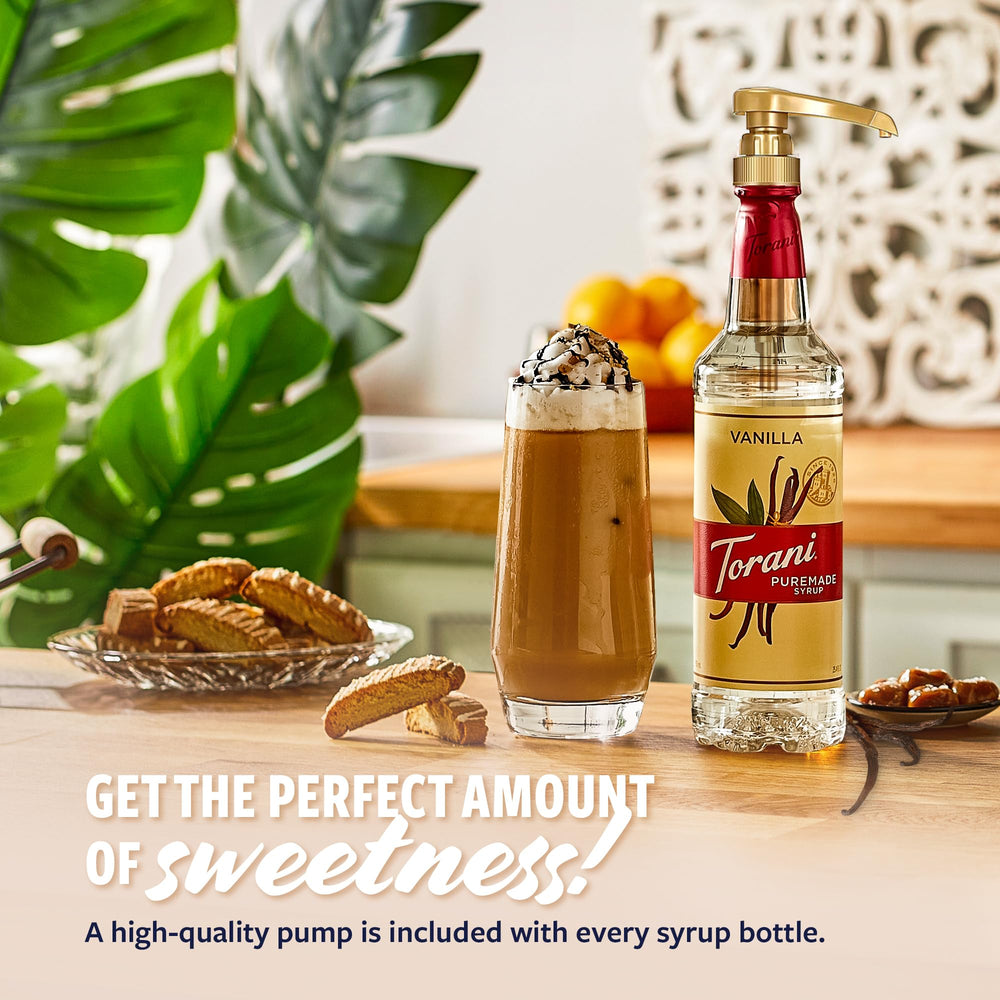 Torani vanilla syrup pour action, precise pump control for consistent sweetness