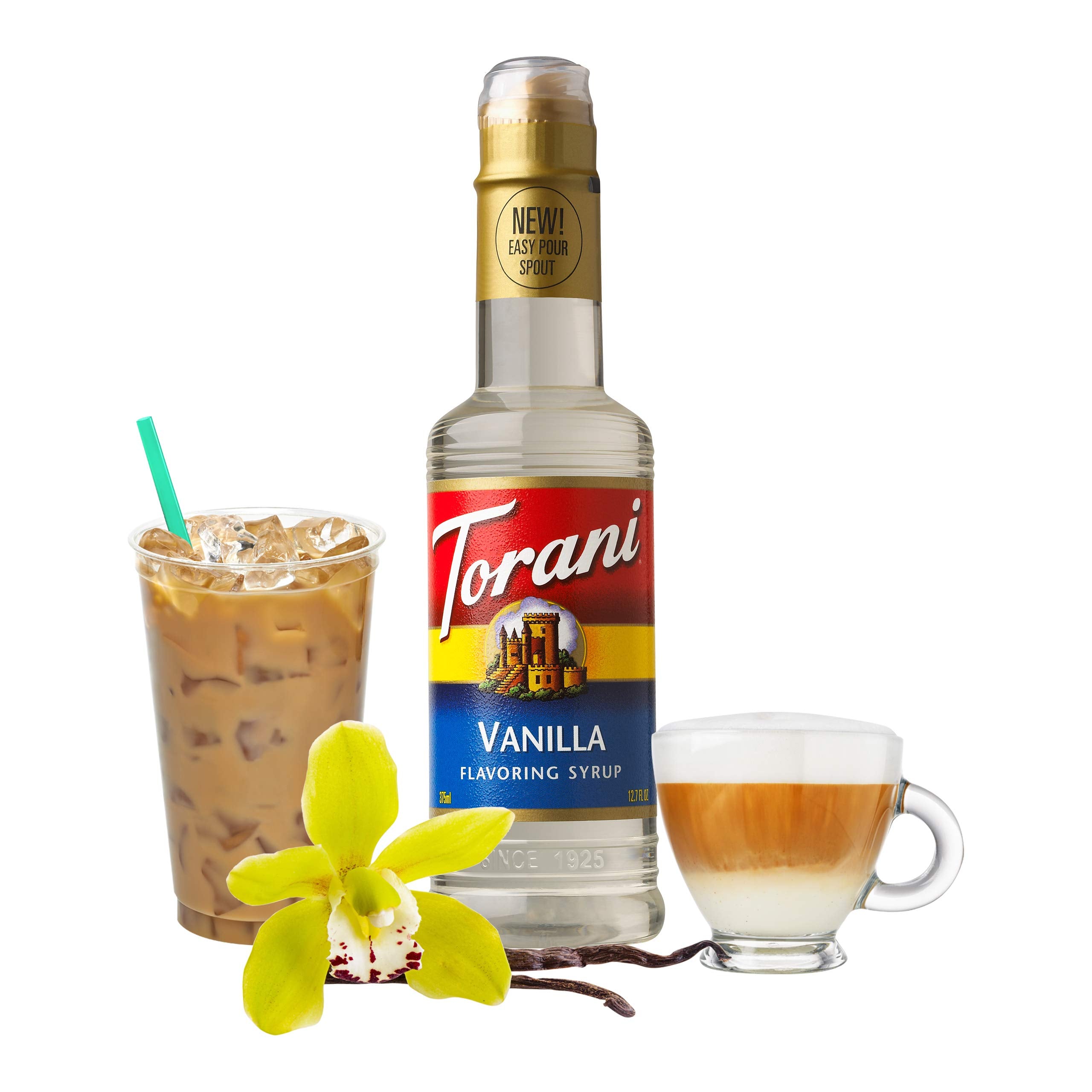 Pour-over coffee scene with Torani Vanilla Syrup for enhanced flavor.