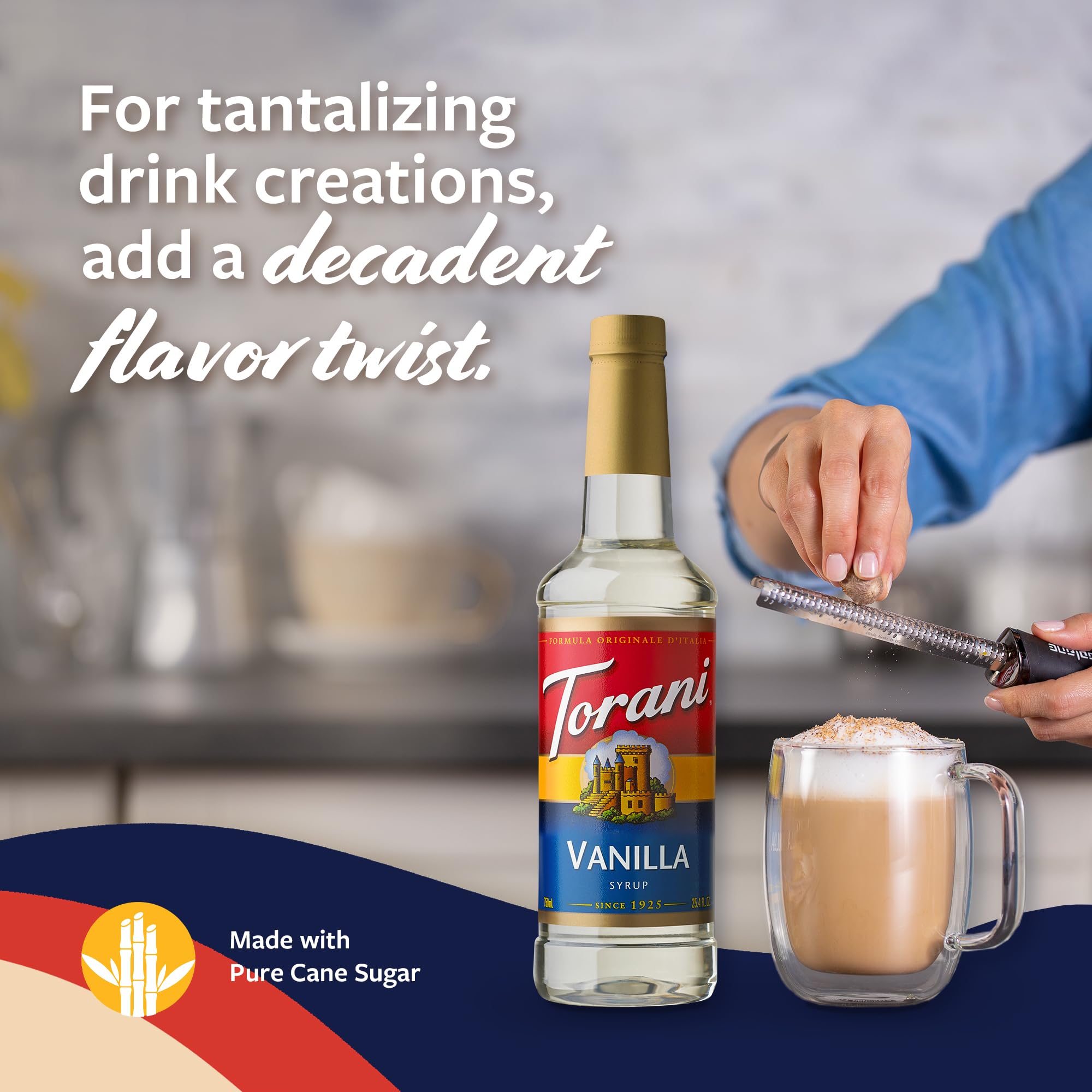 Pouring vanilla syrup over a dessert for a creamy finish.