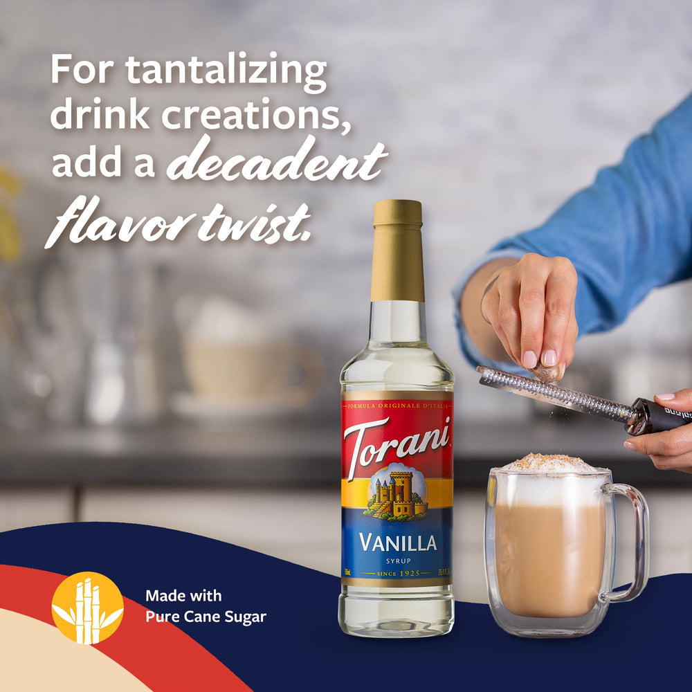 Pouring vanilla syrup over a dessert for a creamy finish.