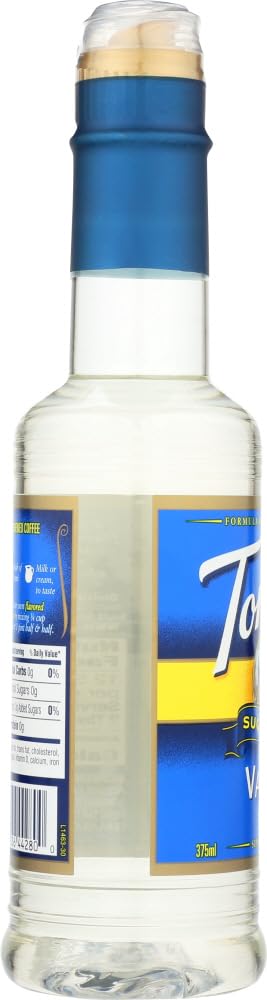 Close-up of Torani Vanilla Syrup sugar-free label on bottle.