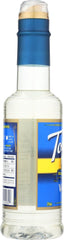 Close-up of Torani Vanilla Syrup sugar-free label on bottle.
