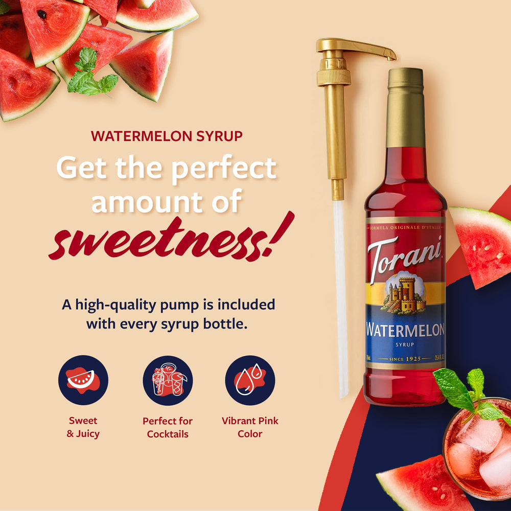 Torani Watermelon Syrup poured into a glass to refresh a drink.