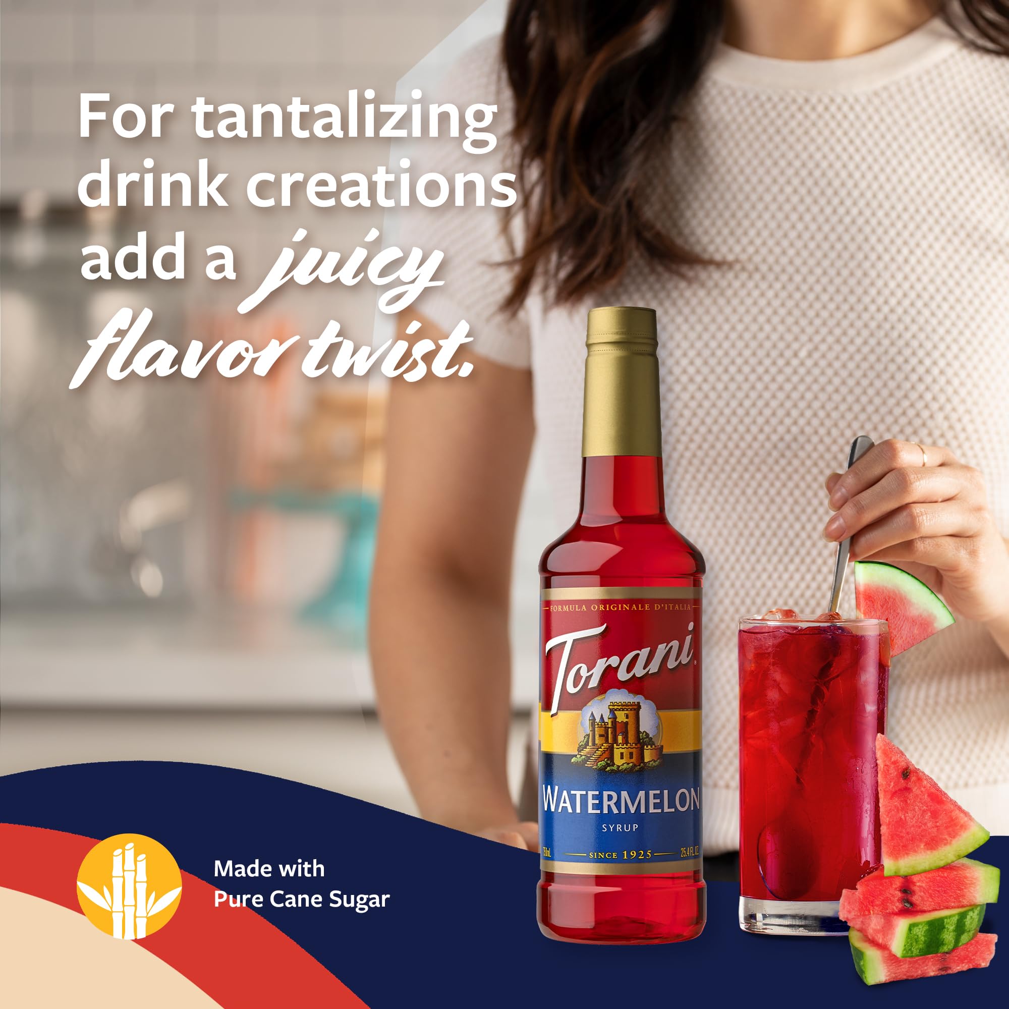 Torani Watermelon Syrup ideal for home cafe beverages with refreshing melon notes.