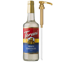 Torani White Chocolate Syrup bottle with pump for easy, mess-free flavoring.