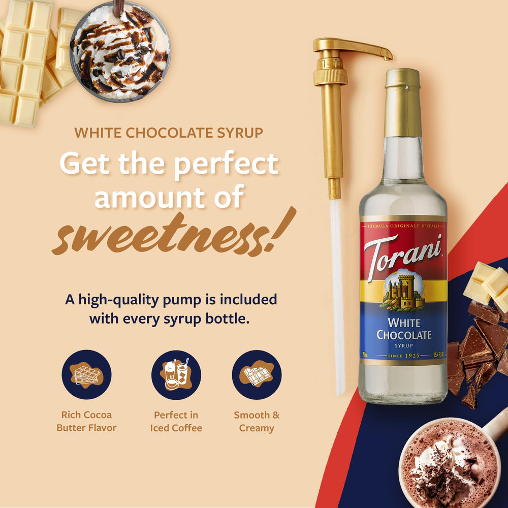 Glass bottle presentation of Torani White Chocolate Syrup for home barista use.