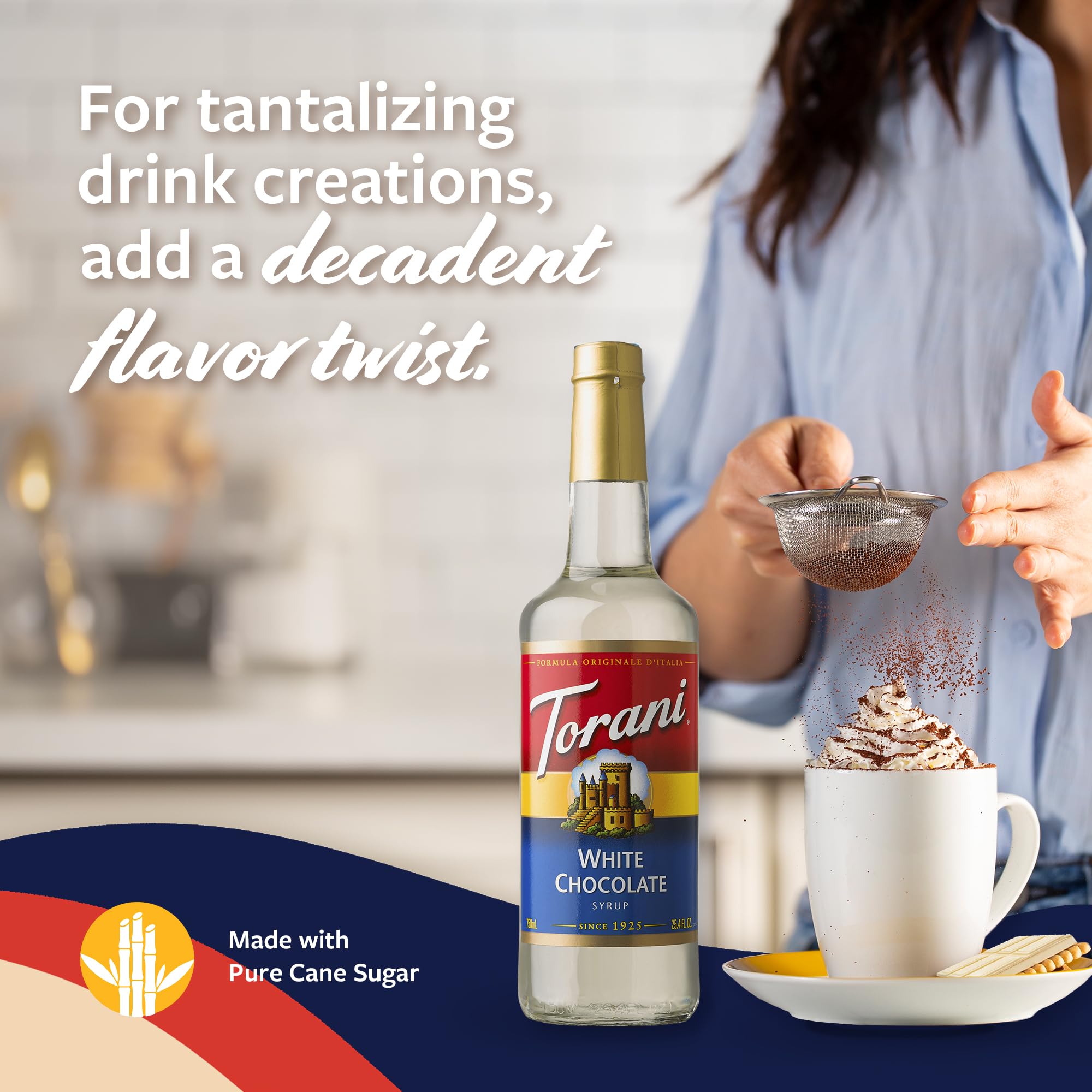 Creamy latte made with Torani White Chocolate Syrup addition.