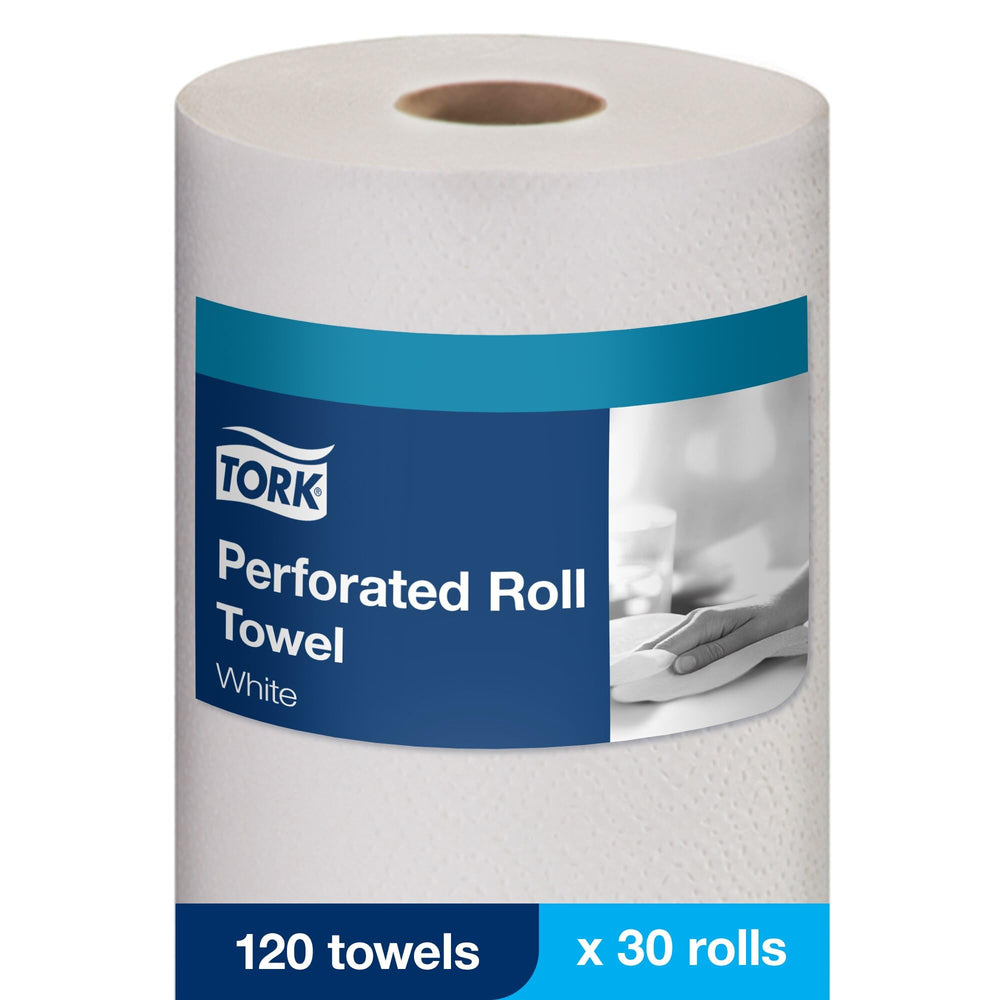 Tork Handi-Size perforation detail on white towel highlights strong, absorbent fibers