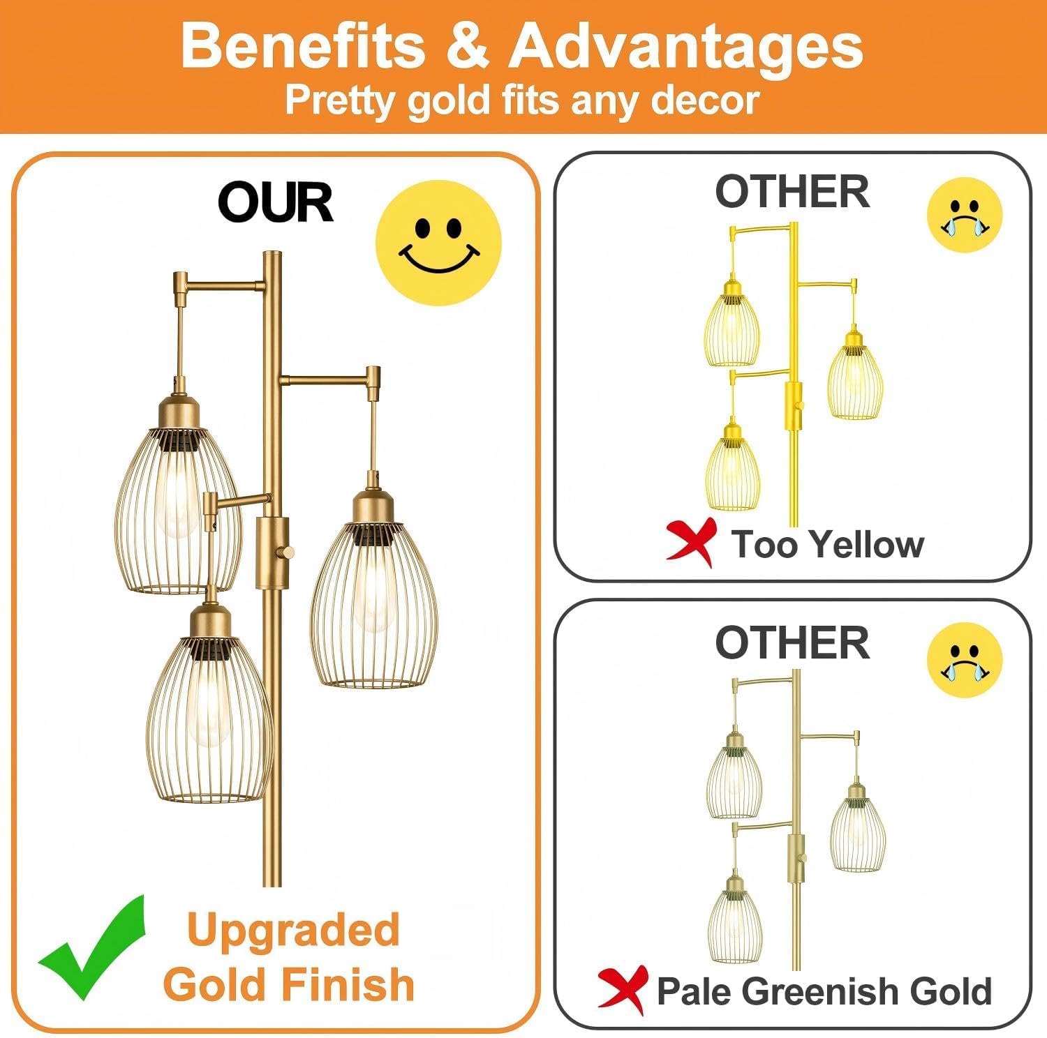 Torondo gold tree lamp complements living room decor with warm glow.
