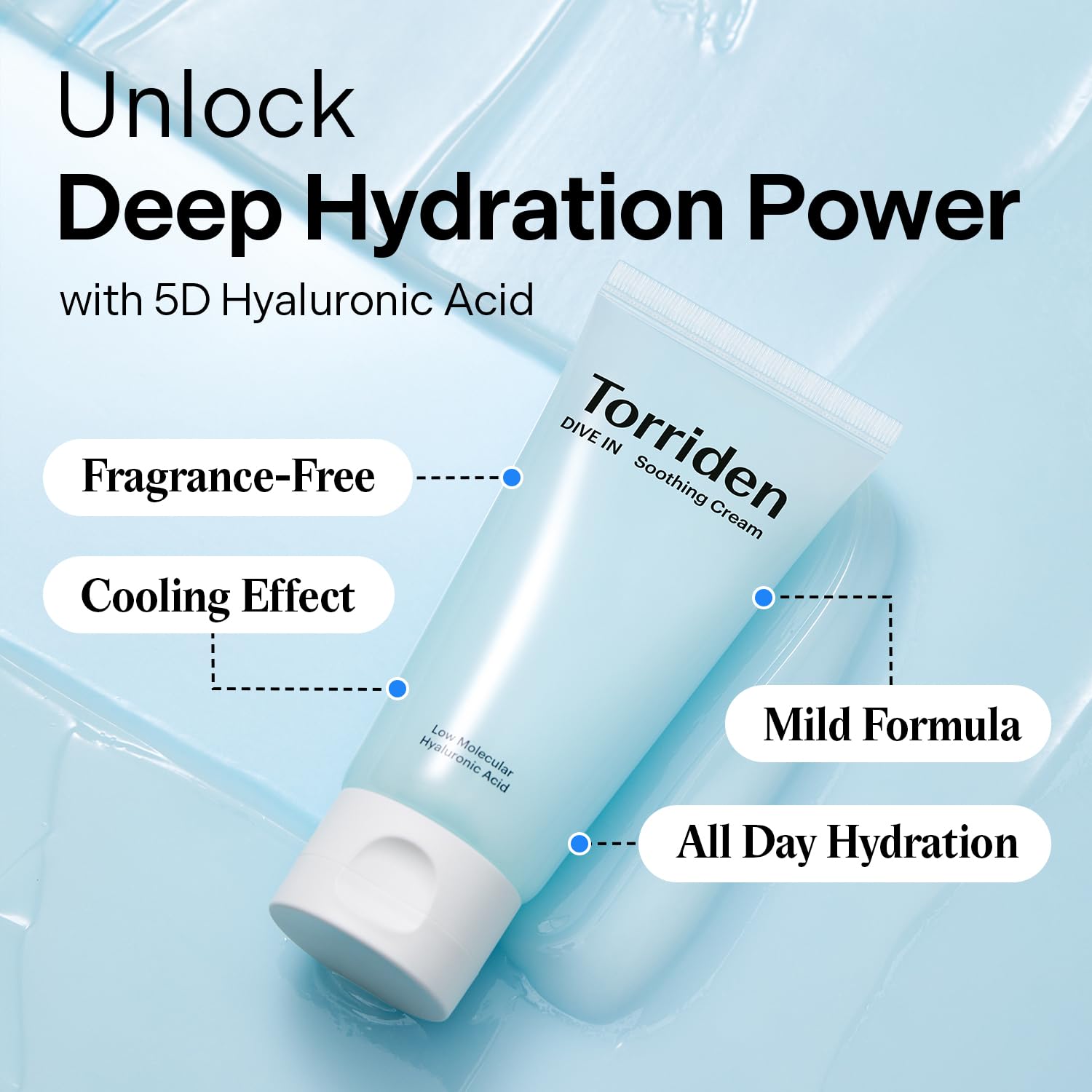 Torriden DIVE IN gel texture close-up emphasizing a non-sticky, smooth finish.