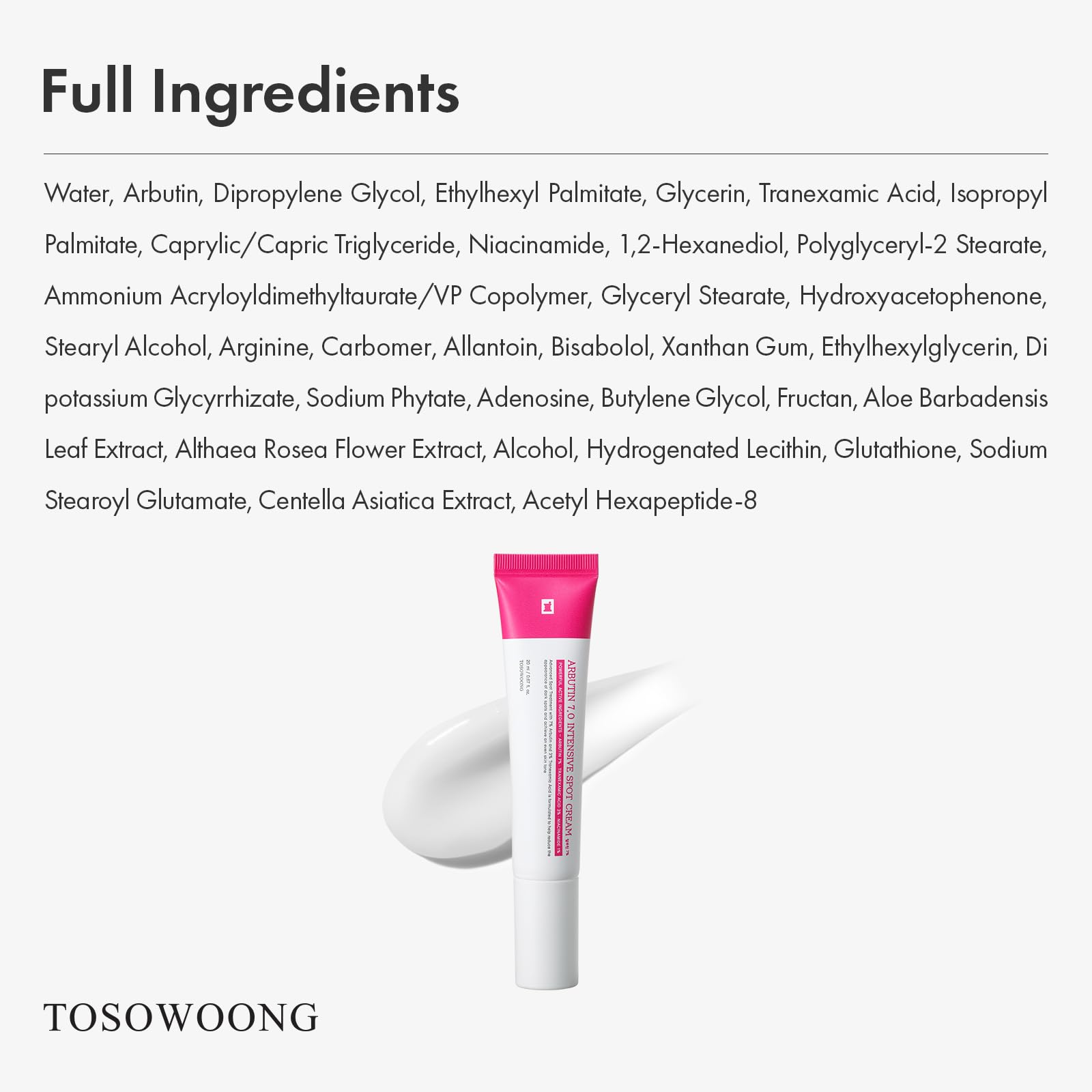 TOSOWOONG Arbutin 7-percent fragrance-free formula emphasizes gentle skincare.