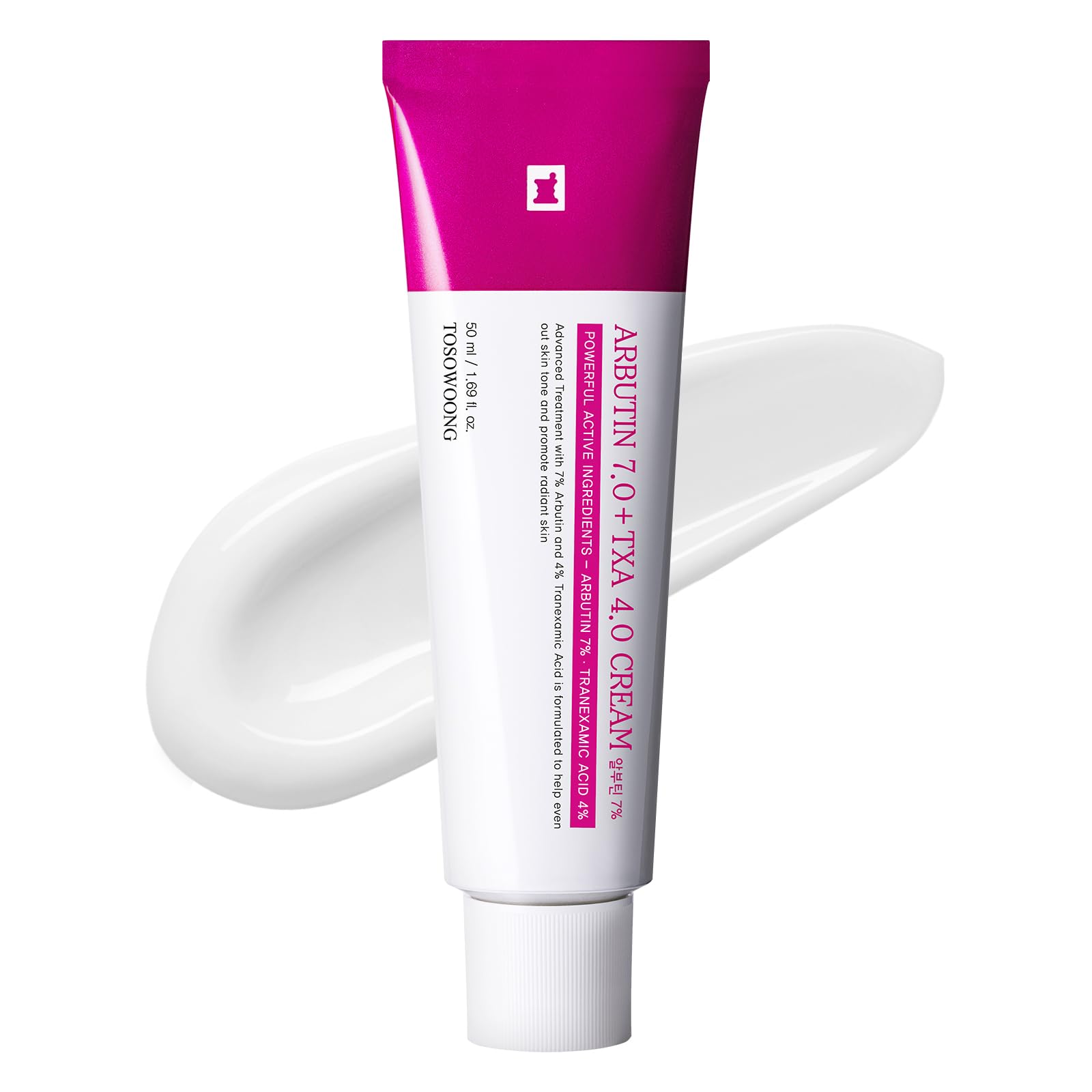 Tosowoong Arbutin Tranexamic Cream bottle demonstrates targeted brightening for even skin tone.