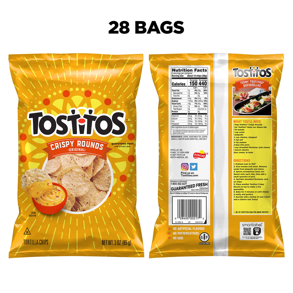 Close-up of Tostitos Crispy Rounds showing crisp texture for snacking.