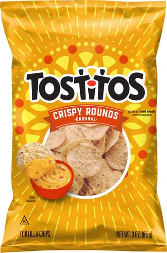 Tostitos Crispy Rounds chips on a party platter, ideal for gatherings.