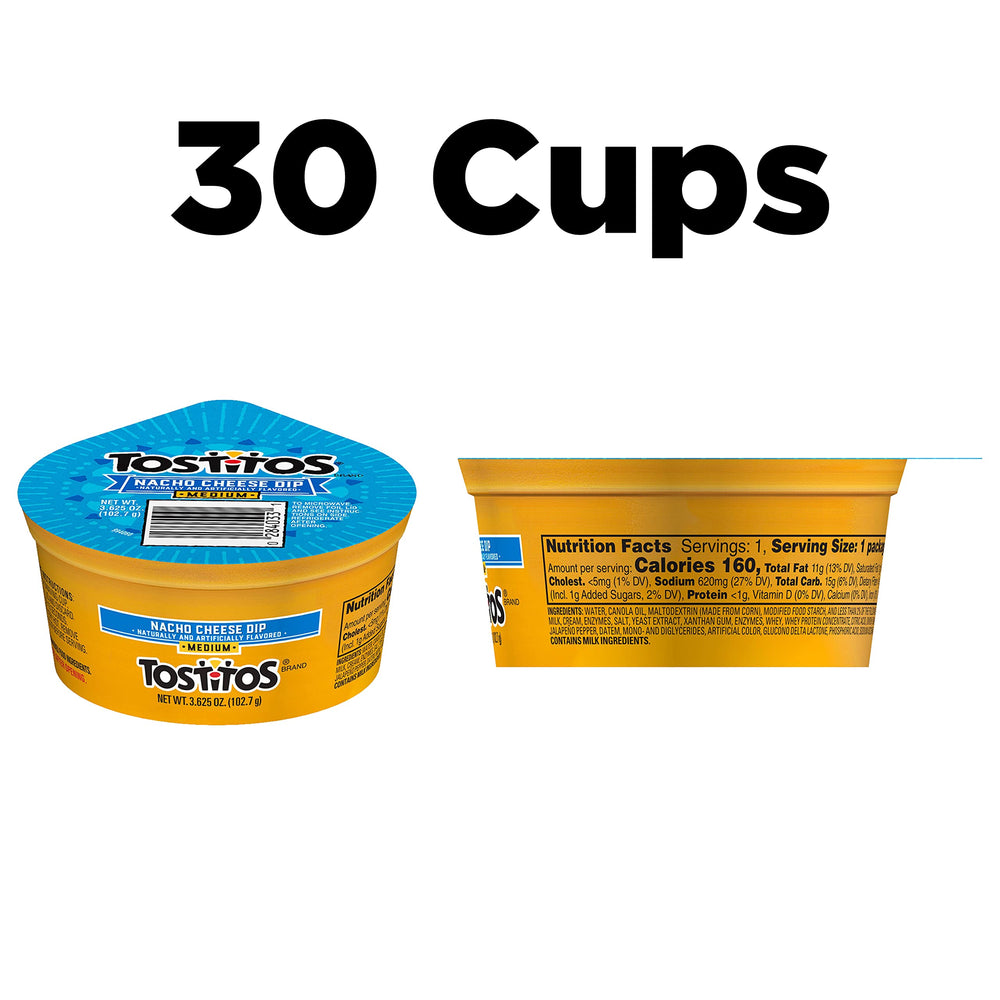 Tostitos Nacho Cheese Dip cups opened, creamy dip ready for dipping.