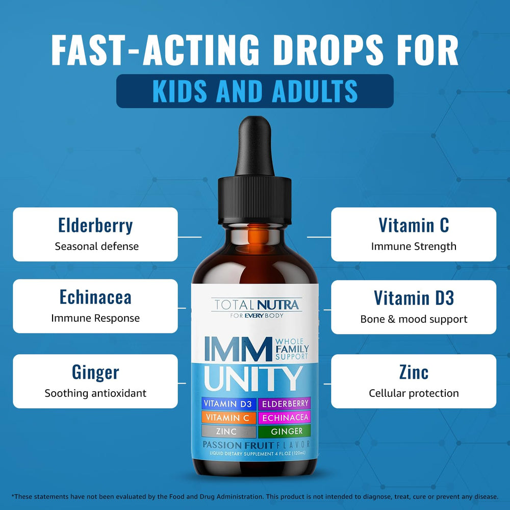 Total Nutra Immunity Drops pour enables easy dosing for all ages.