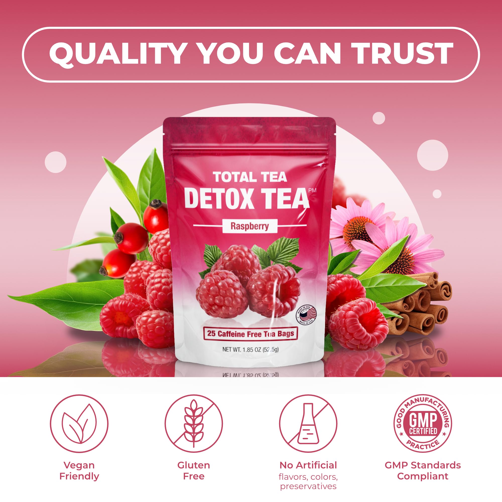 Total Tea Slimming Detox Tea packaging, available as tea bags and K-Cup pods.