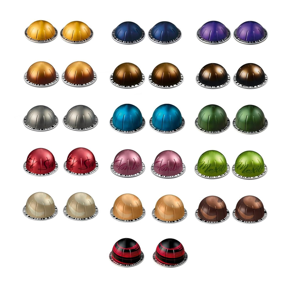 Total 32Capsules assorted flavors display with colorfully labeled capsules.