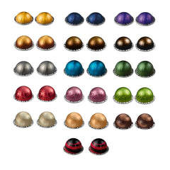 Total 32Capsules assorted flavors display with colorfully labeled capsules.
