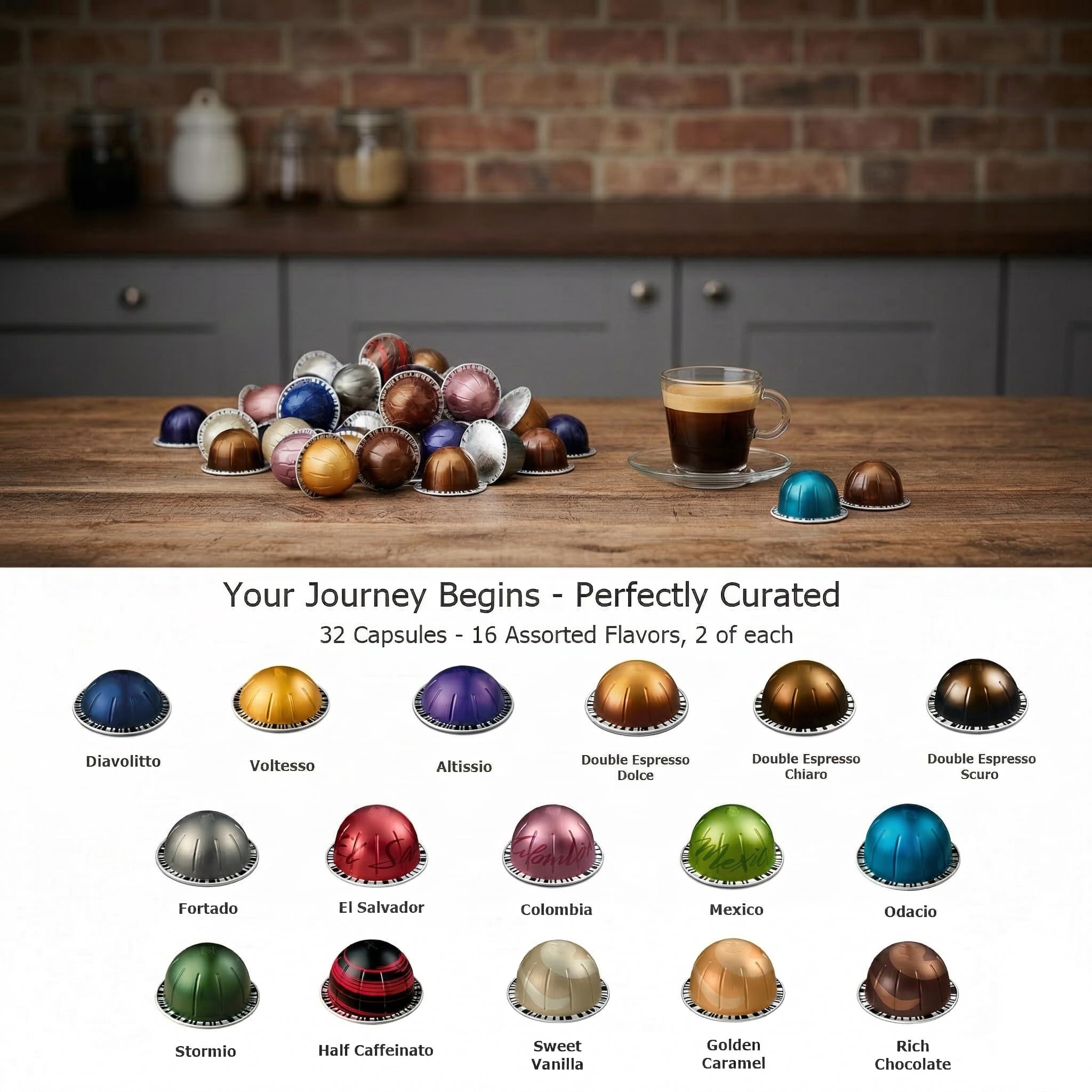Total 32Capsules variety flavors chart illustrates the 16 distinct tastes.