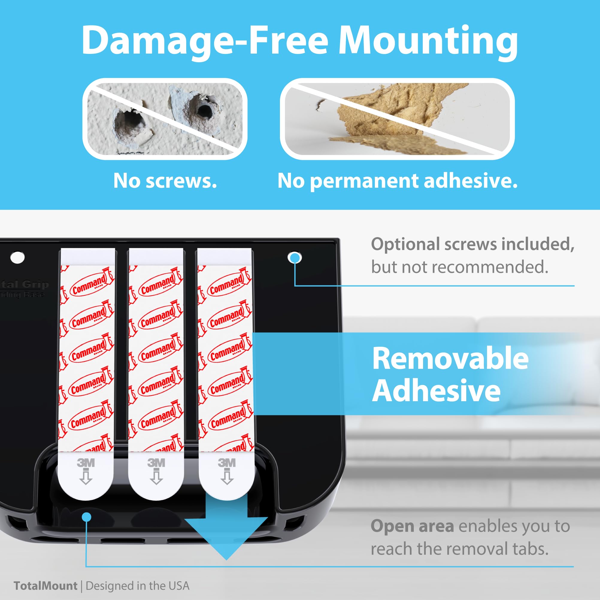 TotalMount holds two remotes securely on a living room surface.