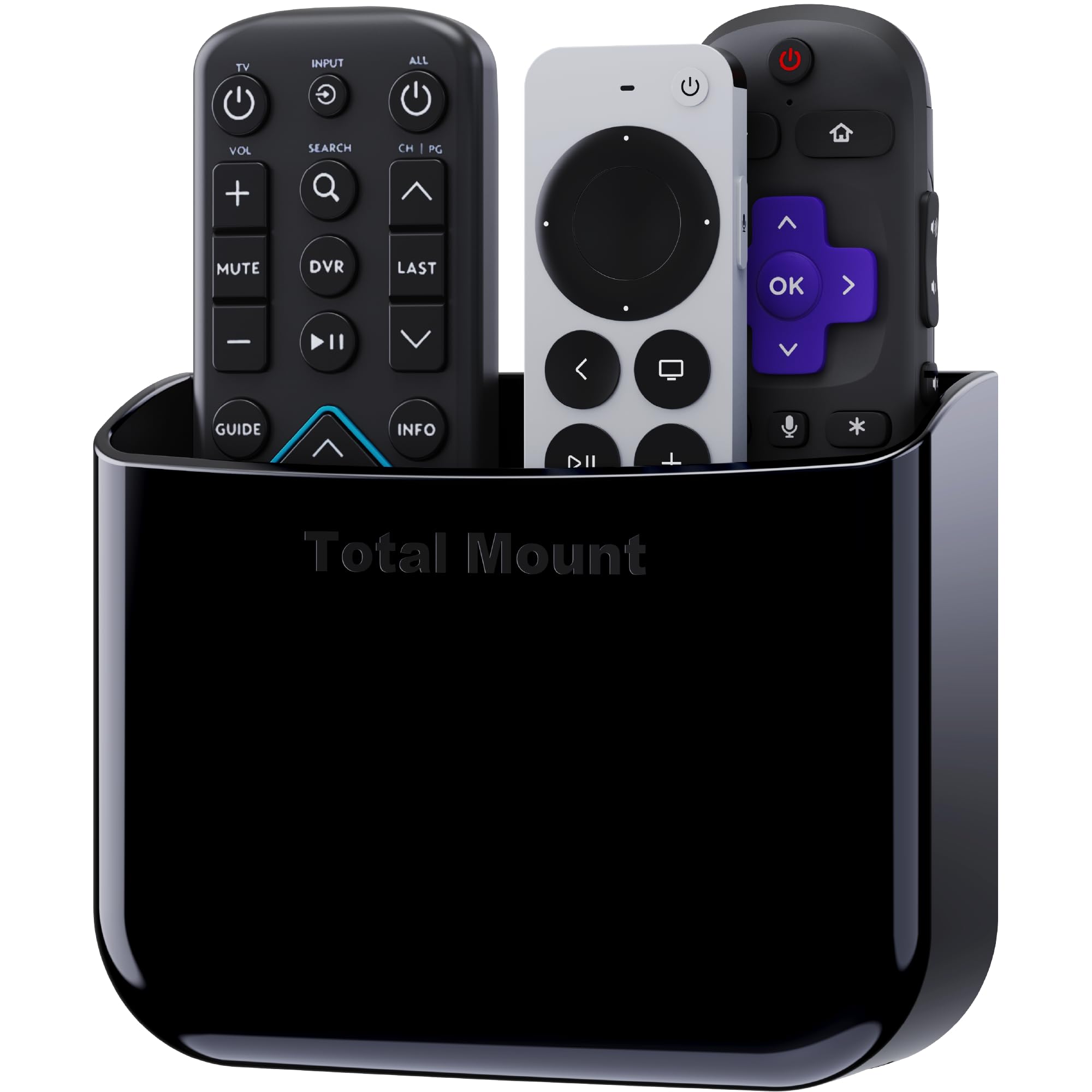 TotalMount hole-free remote holder on wall holding two remotes neatly.